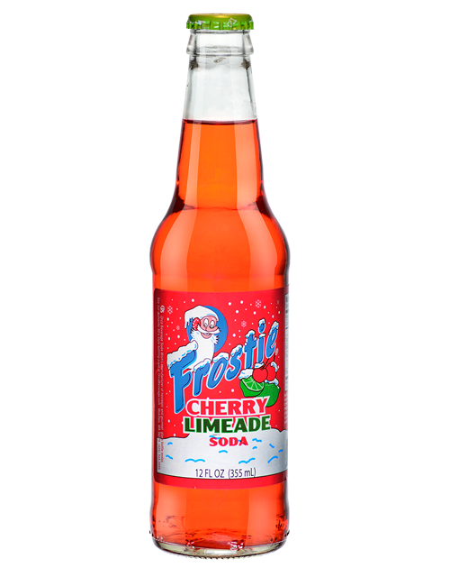 A bottle of frostie cherry limeade soda on a white background