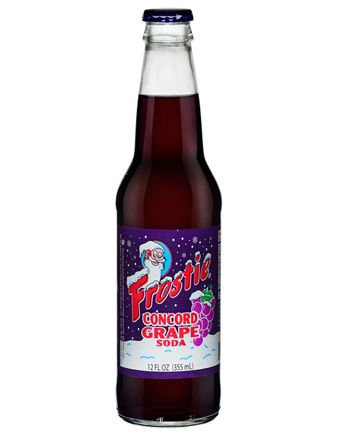 A bottle of concord grape soda on a white background.