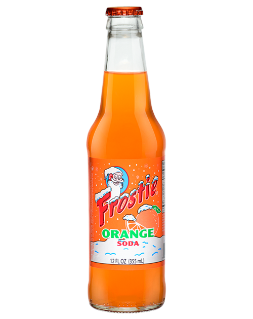 A bottle of frostie orange soda on a white background