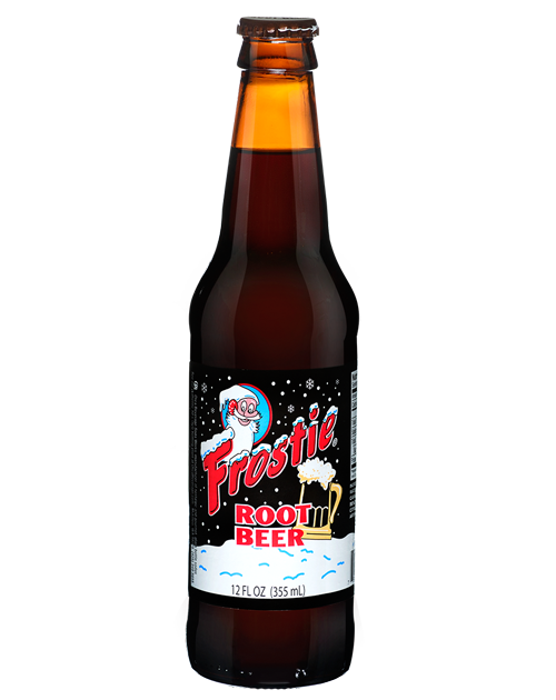 A bottle of frostie root beer is on a white background.