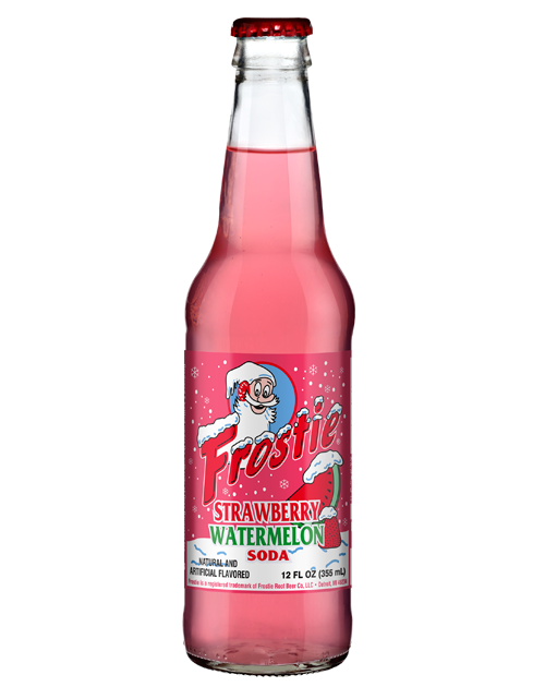 A bottle of frostie strawberry watermelon soda on a white background.