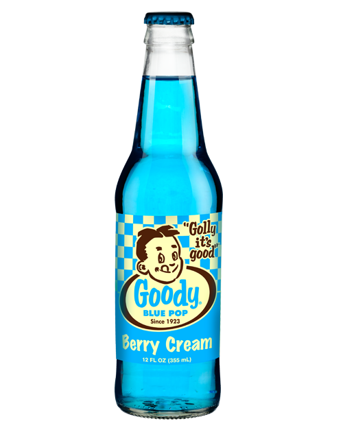 A bottle of goody blue pop berry cream soda