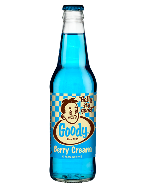 A bottle of goody berry cream soda on a white background