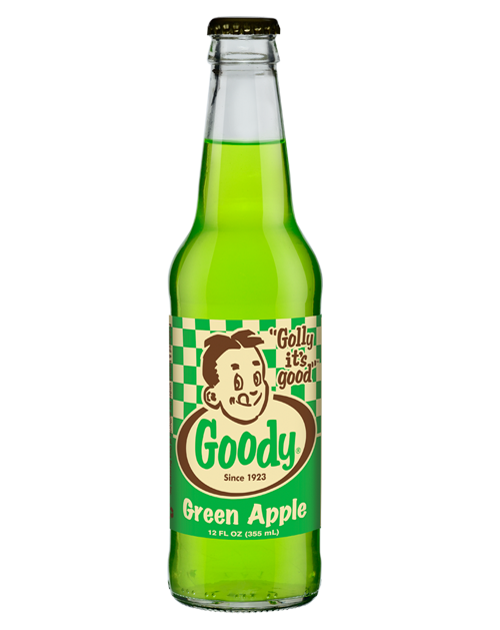 A bottle of goody green apple soda on a white background