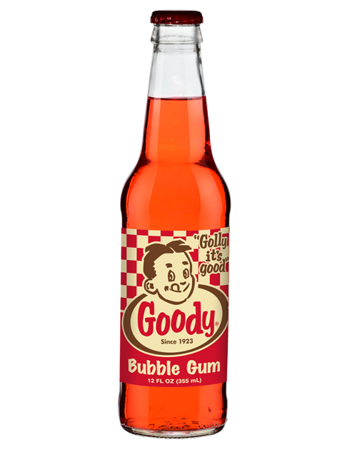 A bottle of goody bubble gum soda on a white background