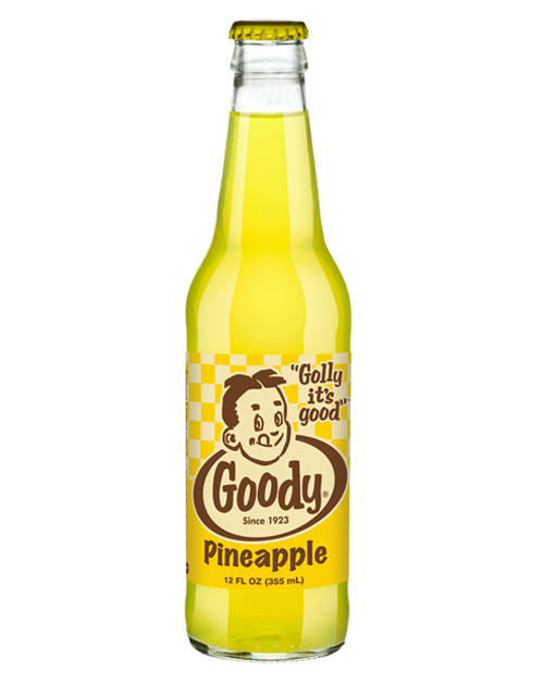 A bottle of goody pineapple soda on a white background