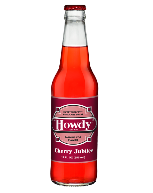 A bottle of howdy cherry jubilee soda on a white background