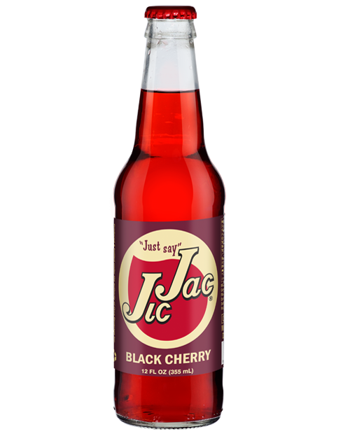 A bottle of jac black cherry soda on a white background