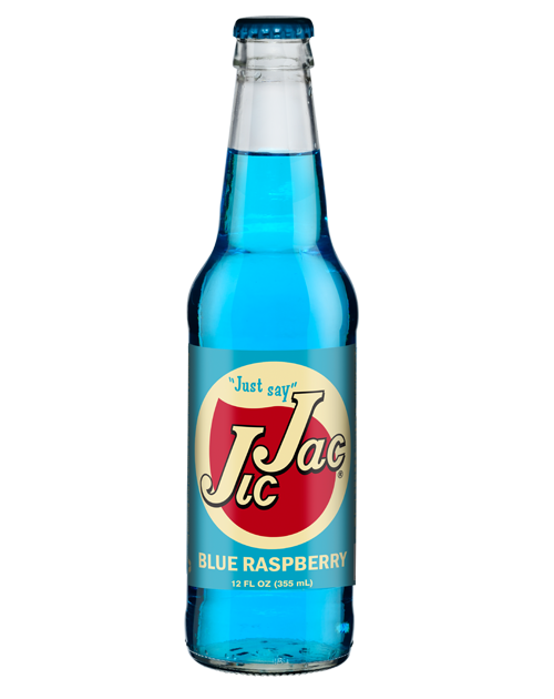 A bottle of jac blue raspberry soda on a white background