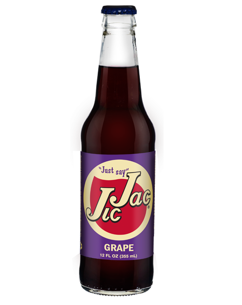 A bottle of grape soda with a purple label