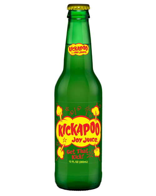 A green bottle of kickapoo joy juice on a white background.