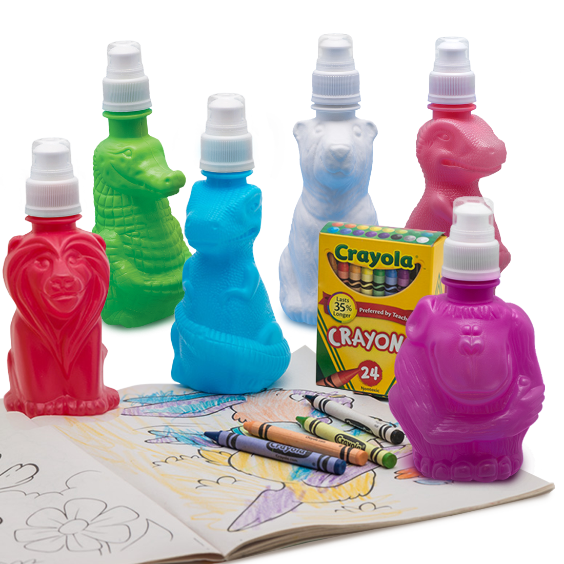 A box of crayola crayons sits on top of a coloring book