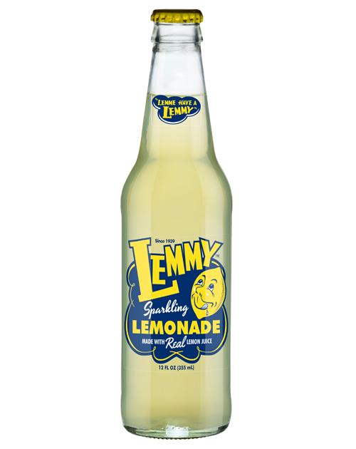 A bottle of lemmy sparkling lemonade is on a white background.