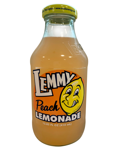 A bottle of lemmy peach lemonade with a lemon face on it