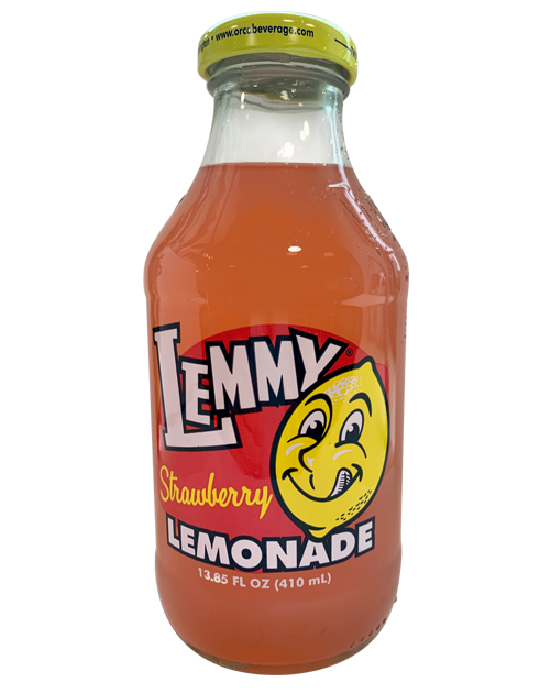 A bottle of lemmy strawberry lemonade with a yellow cap