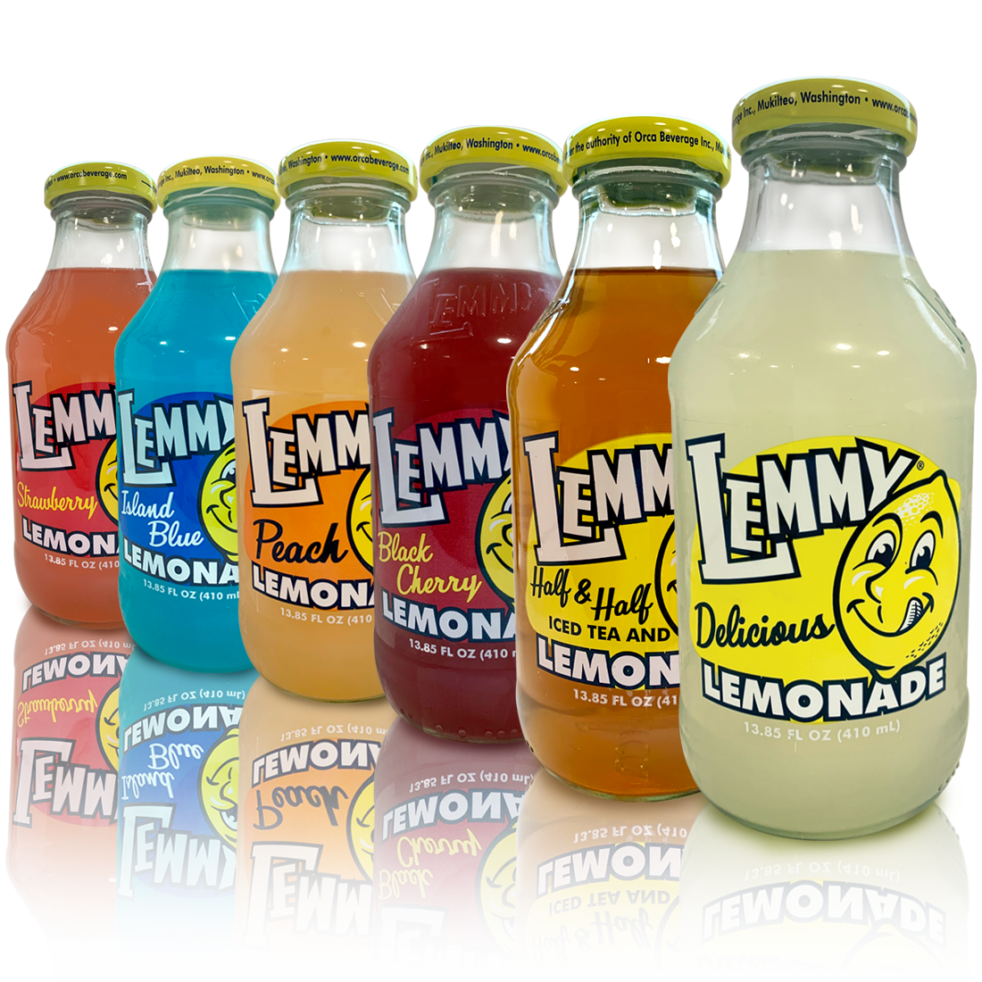 Several bottles of lemmy lemonade are lined up in a row