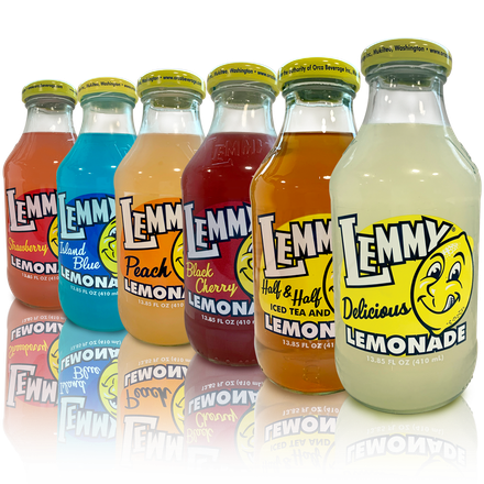 Several bottles of lemmy lemonade are lined up in a row