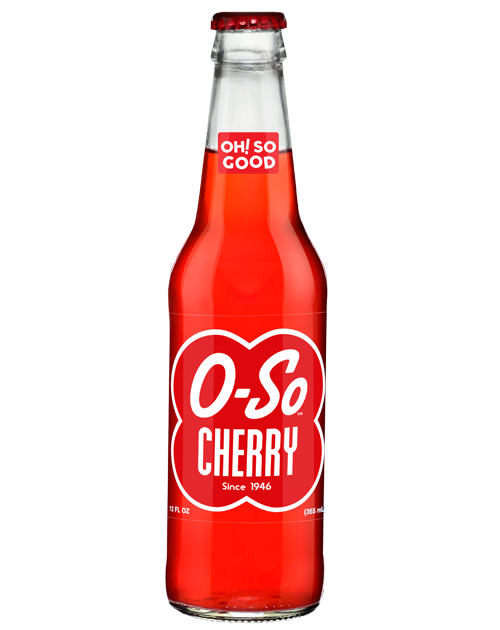 A bottle of o-so cherry soda on a white background