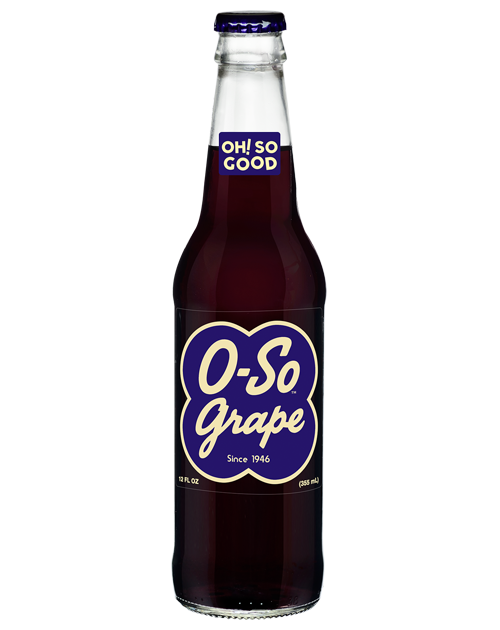 A bottle of o so grape soda on a white background.