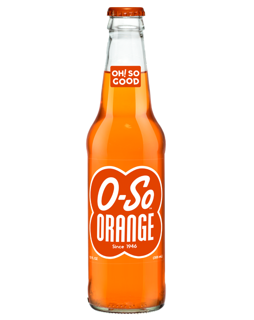 A bottle of o-so orange soda on a white background