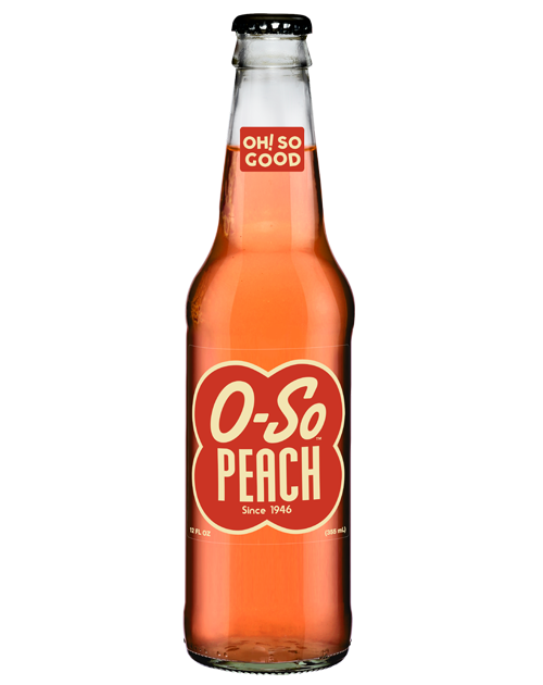 A bottle of o-so peach soda on a white background