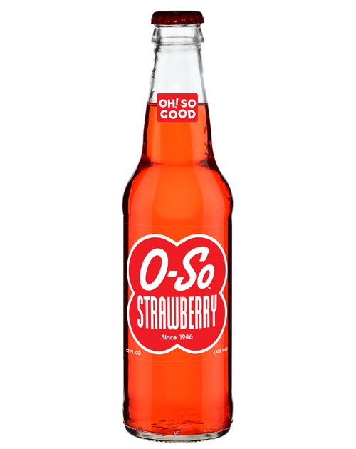 A bottle of o-so strawberry soda on a white background