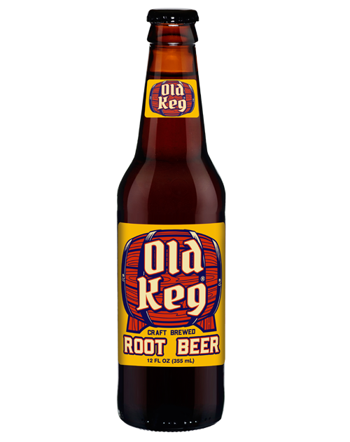 A bottle of old keg root beer on a white background