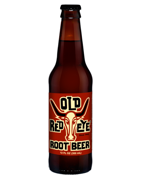 A bottle of old red eye root beer on a white background