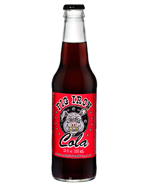 A bottle of pig iron cola with a pig on the label.