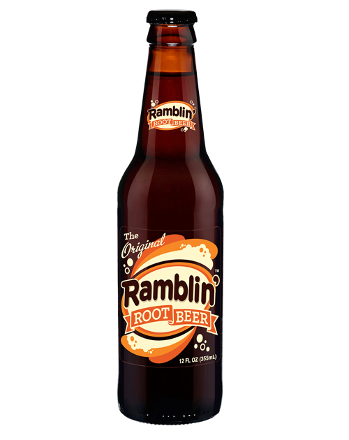 A bottle of ramblin root beer on a white background.