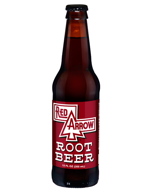 A bottle of red arrow root beer on a white background