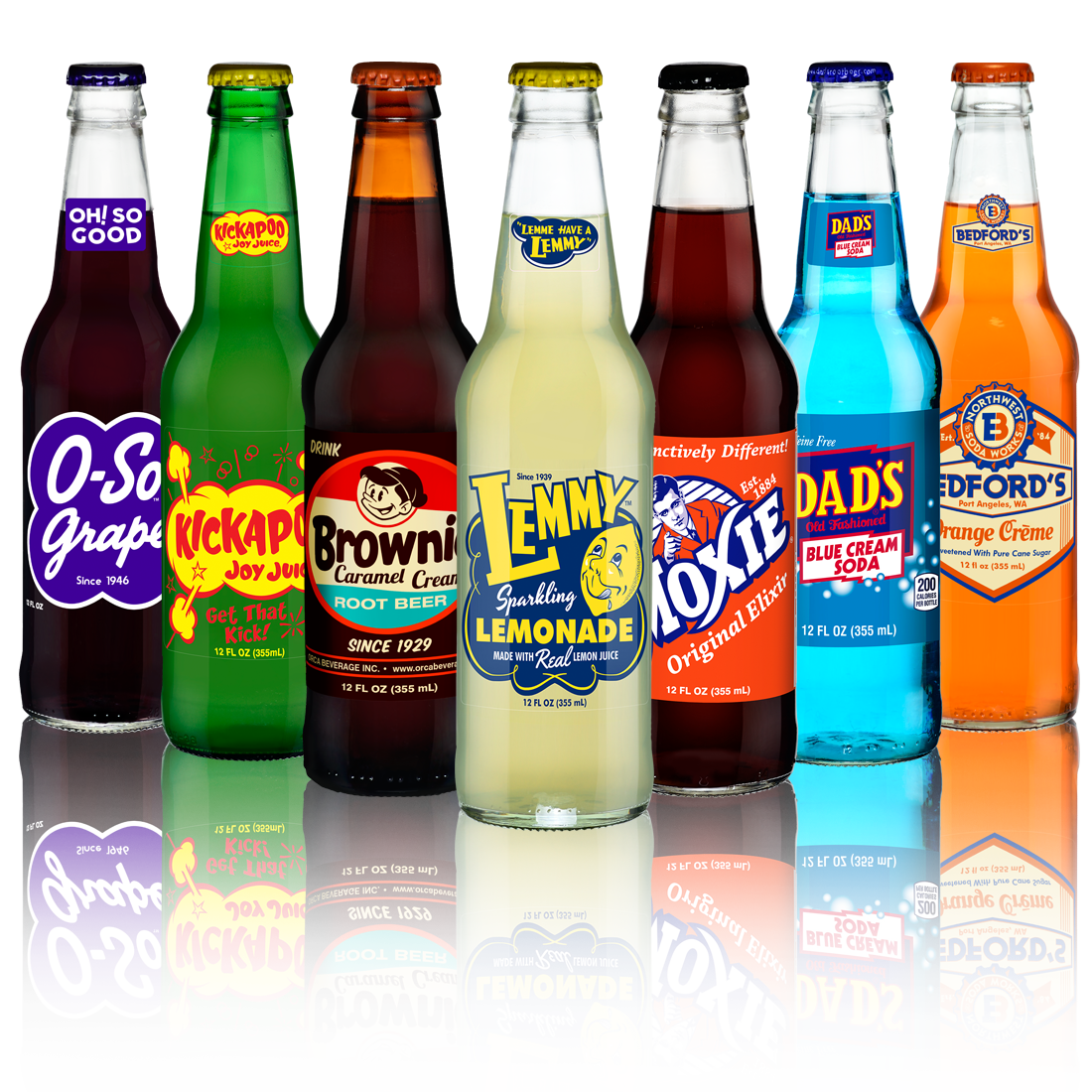 A group of soda bottles sitting next to each other on a table.