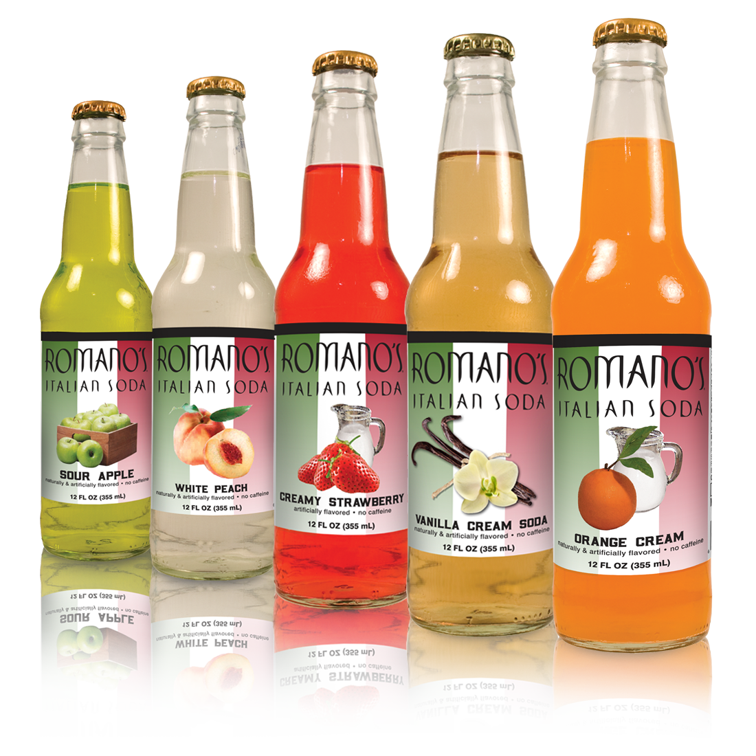 Five bottles of italian soda are lined up in a row