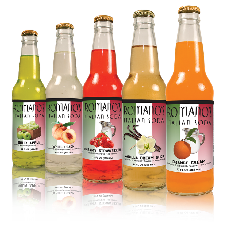 Five bottles of italian soda are lined up in a row