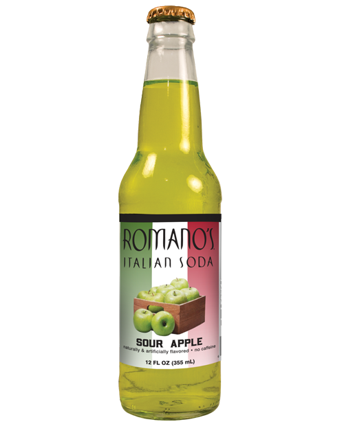 A bottle of sour apple italian soda on a white background