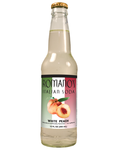 A bottle of romano 's italian soda white peach