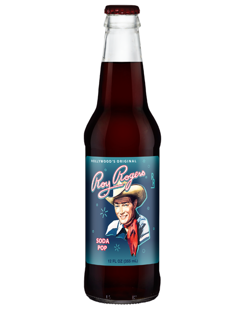 A bottle of roy rogers soda pop with a cowboy on the label.