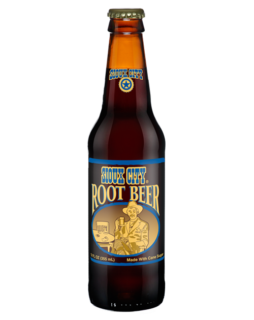 A bottle of blues cafe root beer with a cowboy on the label