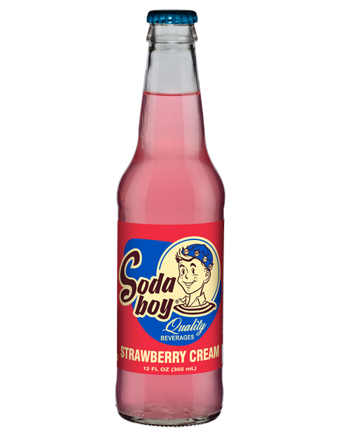 A bottle of soda boy strawberry cream soda on a white background.