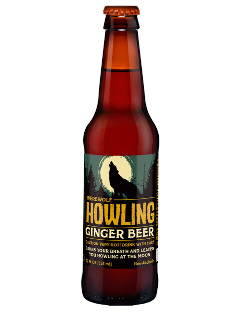 A bottle of howling ginger beer with a wolf on the label