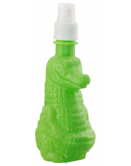 A green plastic bottle in the shape of an alligator