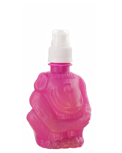 A pink bottle in the shape of a monkey with a white cap