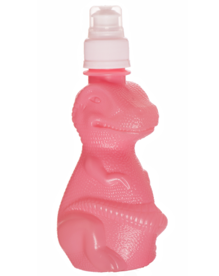 A pink bottle in the shape of a bear with a white cap