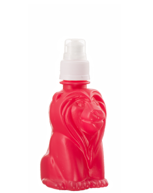 A red bottle in the shape of a lion with a white cap