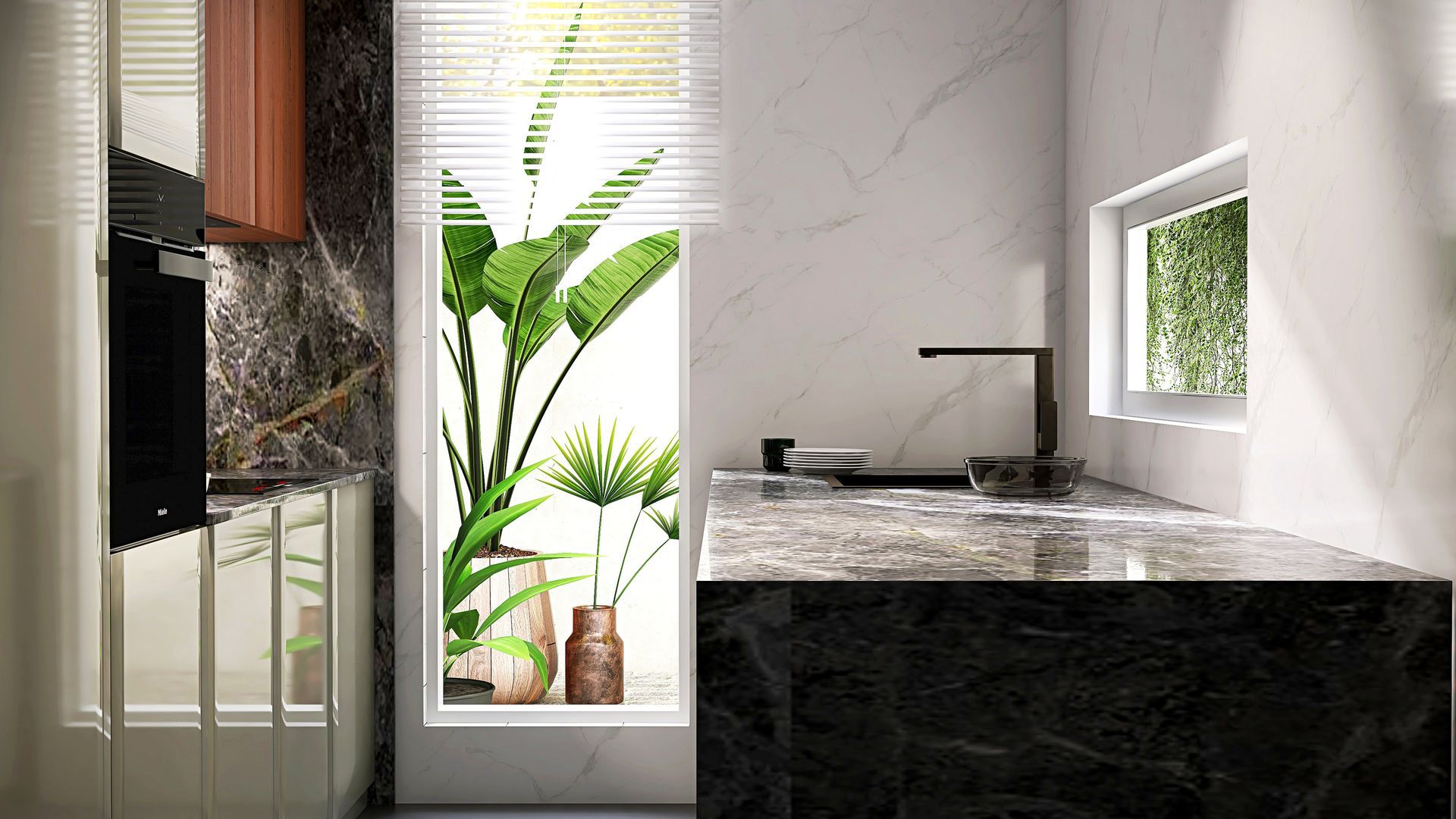 Modern kitchen with marble countertops, open window, and black faucet.