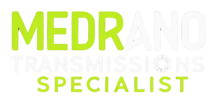 The logo for medrano transmissions specialist is green and white.