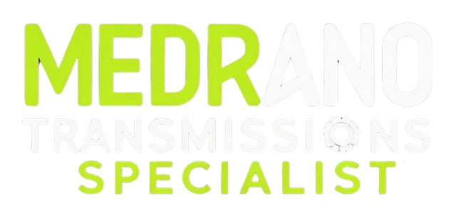 The logo for medrano transmissions specialist is green and white.