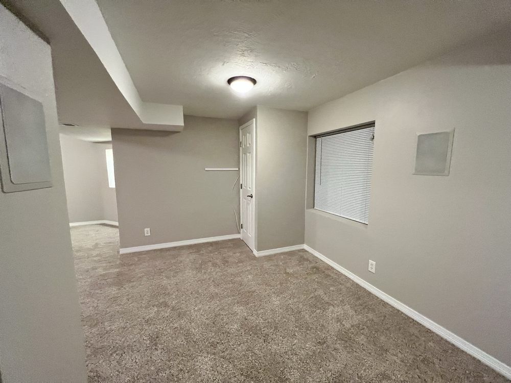 A room with gray walls and carpet. A door, window, and light fixture are visible.