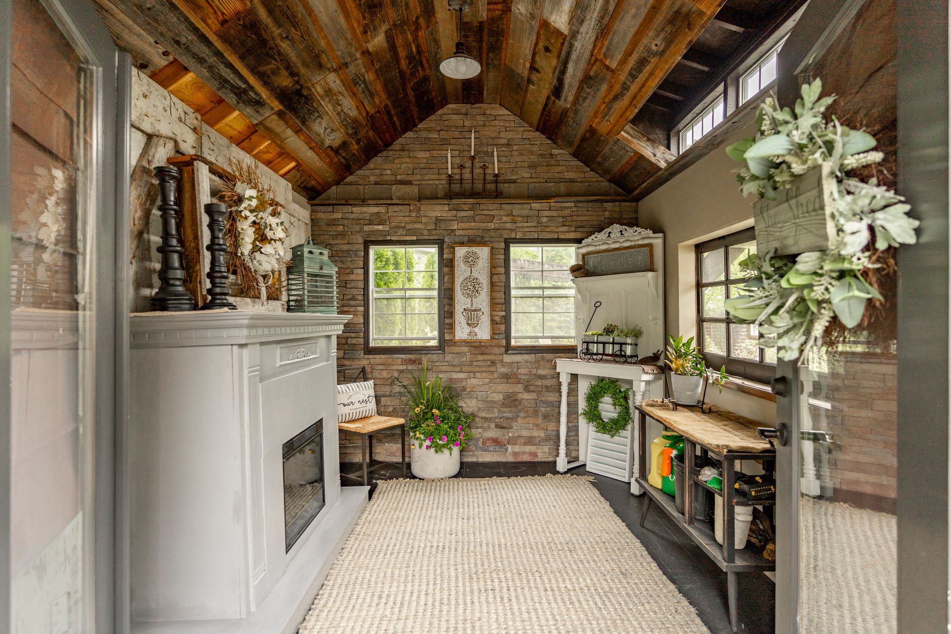 There is a fireplace in the middle of the room.