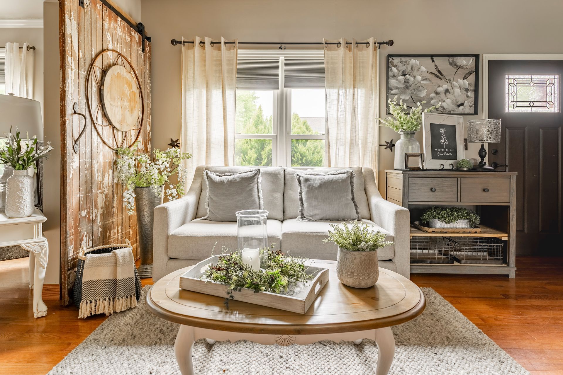 A living room with a couch and a coffee table.